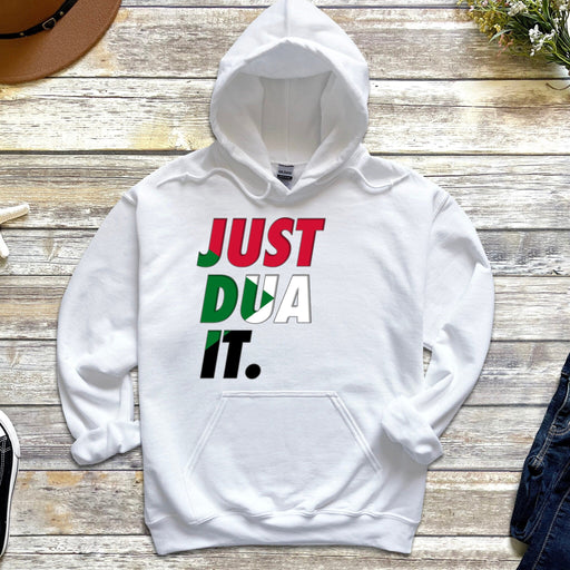 a white hoodie that says just dja it