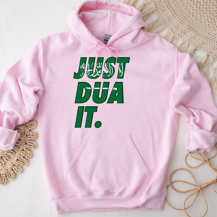 a pink hoodie that says just dua it